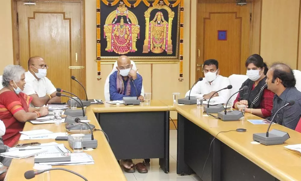 TTD EO Dr K S Jawahar Reddy holds meeting on the study of manuscripts for identifying scientific knowledge for the benefit of society, in Tirupati on Sunday.