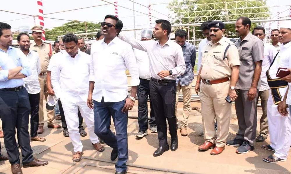 Transport Minister Puvvada Ajay Kumar inspecting the Mithila Stadium in Bhadrachalam on Monday
