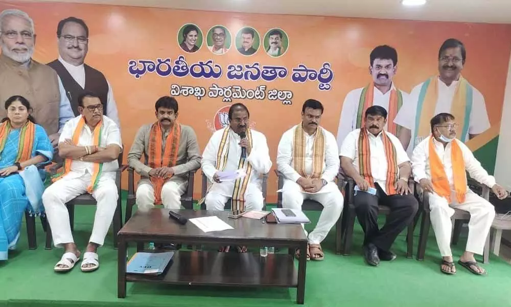 BJP state president Somu Veerraju speaking at a press conference in Visakhapatnam on Monday