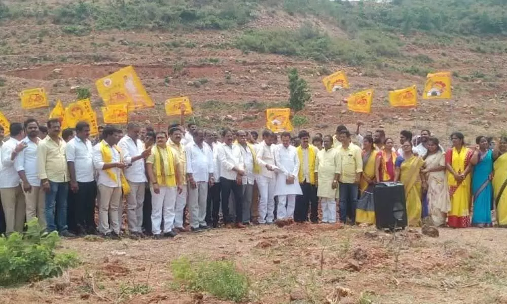 TDP leaders staging a protest at IT Hills at Madhurawada in Visakhapatnam on Monday