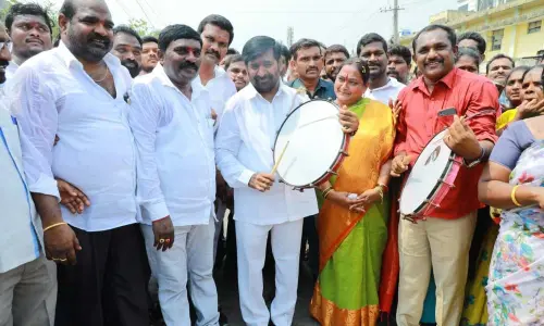 Minister Jagadish Reddy beating the Dappu during the Babu Jagjivan Ram’s birth anniversary celebrations in Suryapet on Tuesday