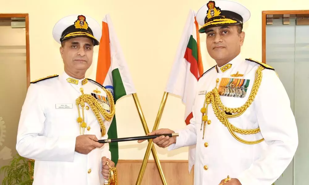 Rear Admiral Sanjay Sadhu (left) taking over as the Admiral Superintendent of Naval Dockyard Visakhapatnam from Rear Admiral IB Uthaiah on Wednesday