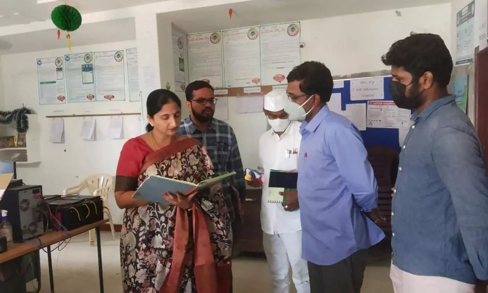 Collector K Madhavi Latha inspecting the village secretariat at Dowleswaram on Wednesday