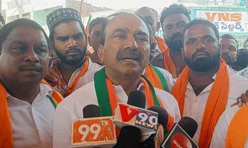 BJP leader E Rajender speaking to the media in Huzurabad on Wednesday