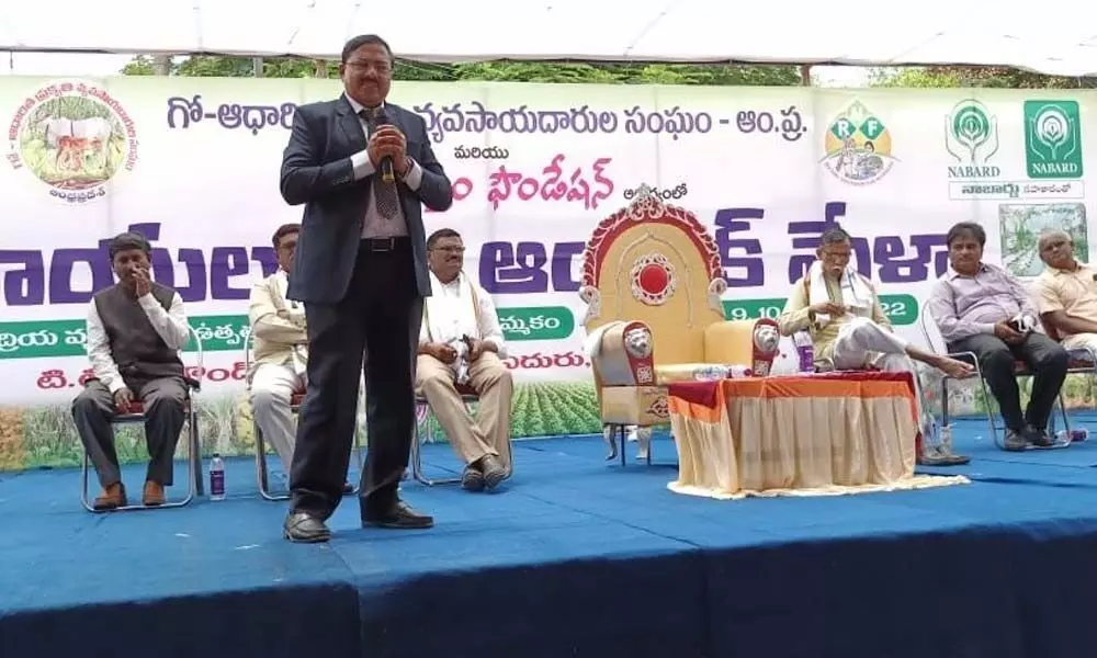 NABARD Chairman Chinthala Govindarajulu addressing at Rayalaseema Organic Mela-2022 in Tirupati on Friday.