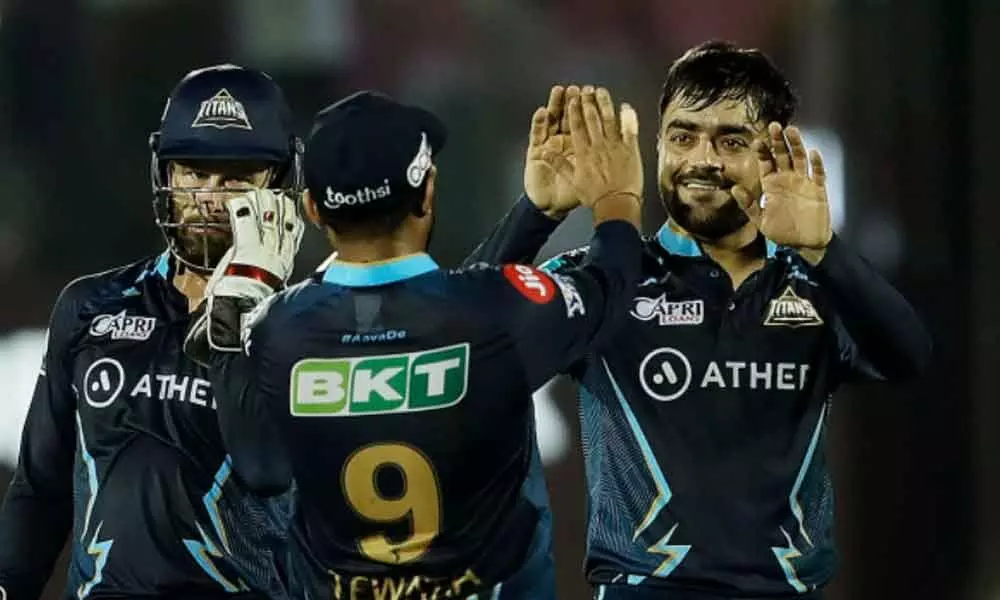 Rashid Khan of Gujarat Titans celebrating the wicket of Shikhar Dhawan of Punjab Kings