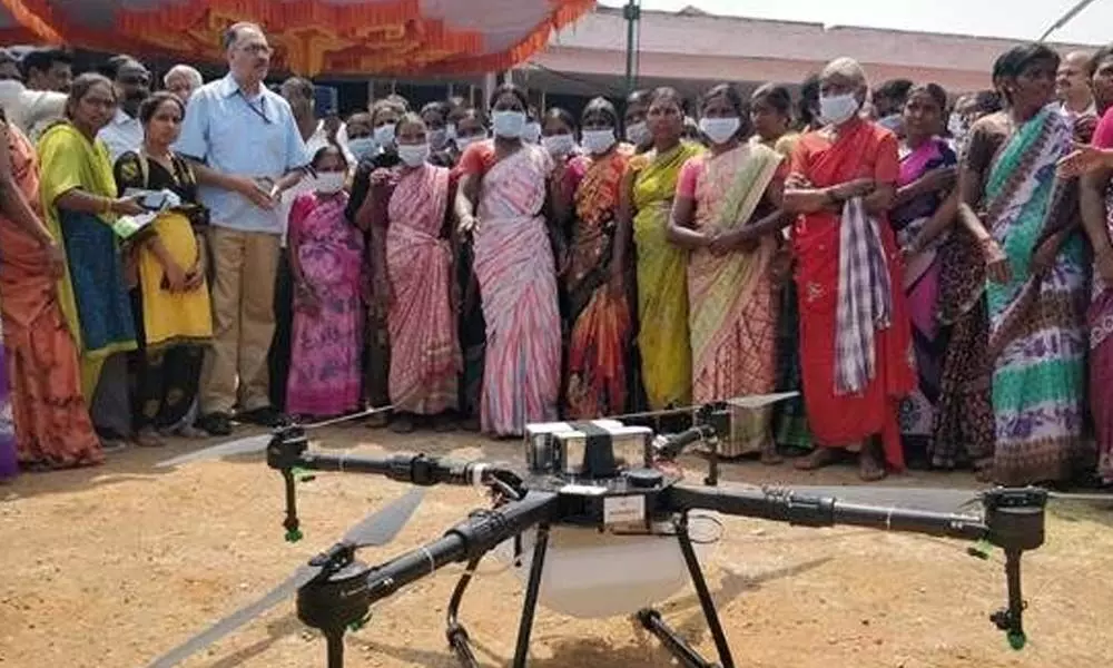 Dr Abhilaksh Likhi, additional secretary, ministry of agriculture and farmers welfare, explains the use of drones in agriculture during his visit to Anantapur on Friday
