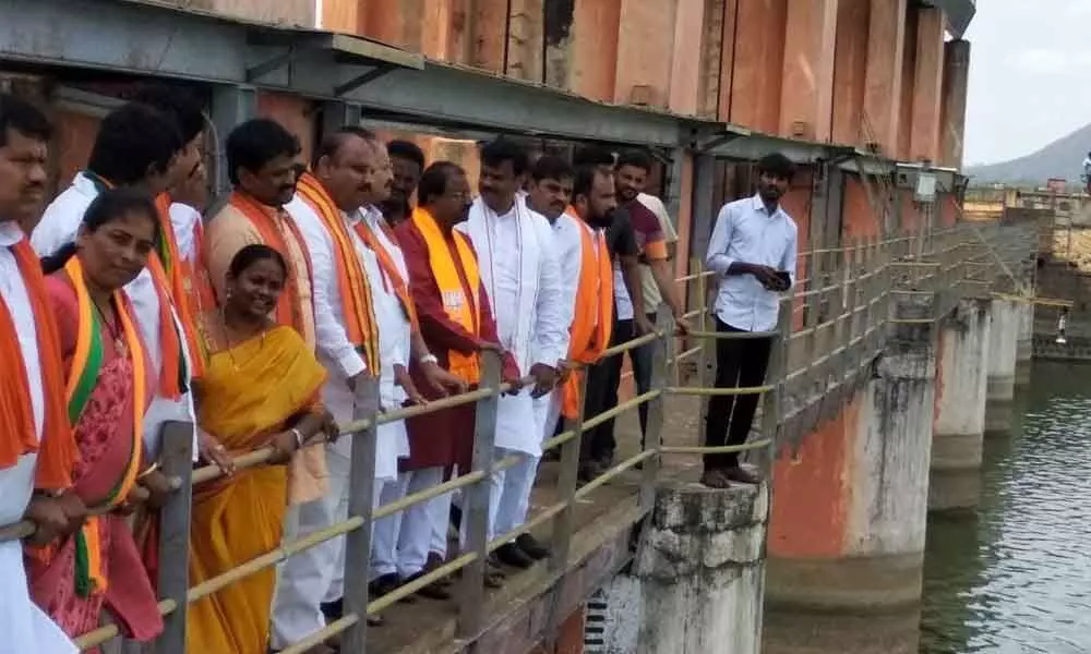 BJP leaders visit Meghadri gedda reservoir as a part of the ‘Jalam Kosam Uttarandhra Jana Poru Yatra’ in Visakhapatnam on Saturday