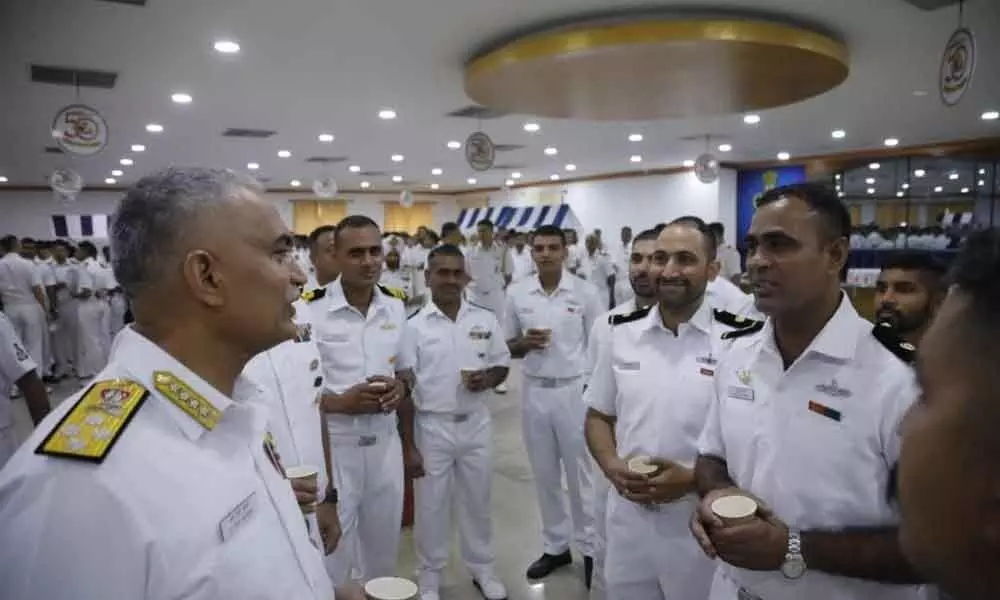 NS Admiral R Hari Kumar interacting with Eastern Fleet personnel in Visakhapatnam on Saturday