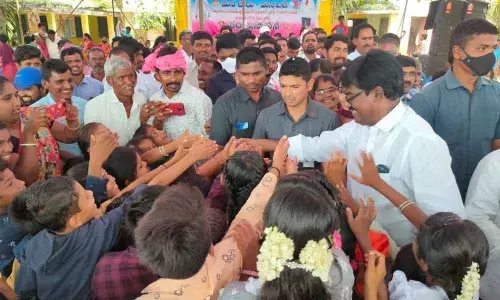 Minister for Transport Puvvada Ajay Kumar interacting with students at a Government School in Khammam on Saturday