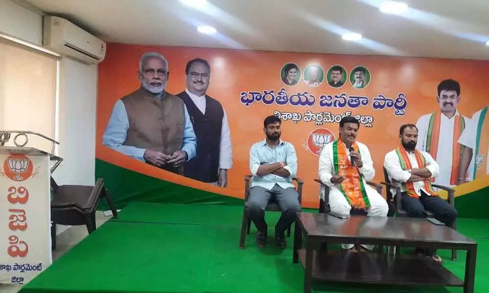 BJP MLC PVN Madhav speaking at a press conference in Visakhapatnam on Monday