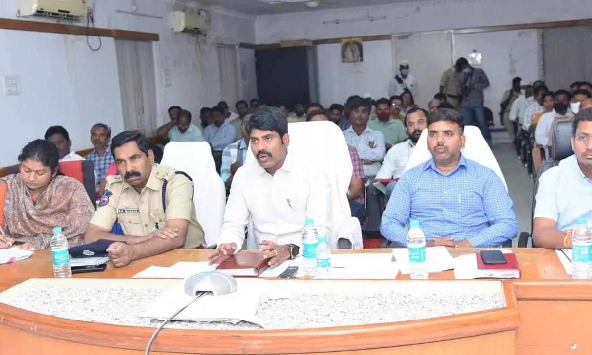 Collector C Narayana Reddy holding a video conferece with officials on paddy procurement in Nizamabad on Wednesday