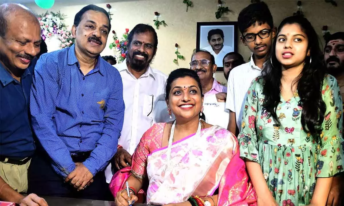 R K Roja assuming office as minister for tourism, culture and youth advancement at  the Secretariat on Wednesday  	Photo: Ch Venkata Mastan