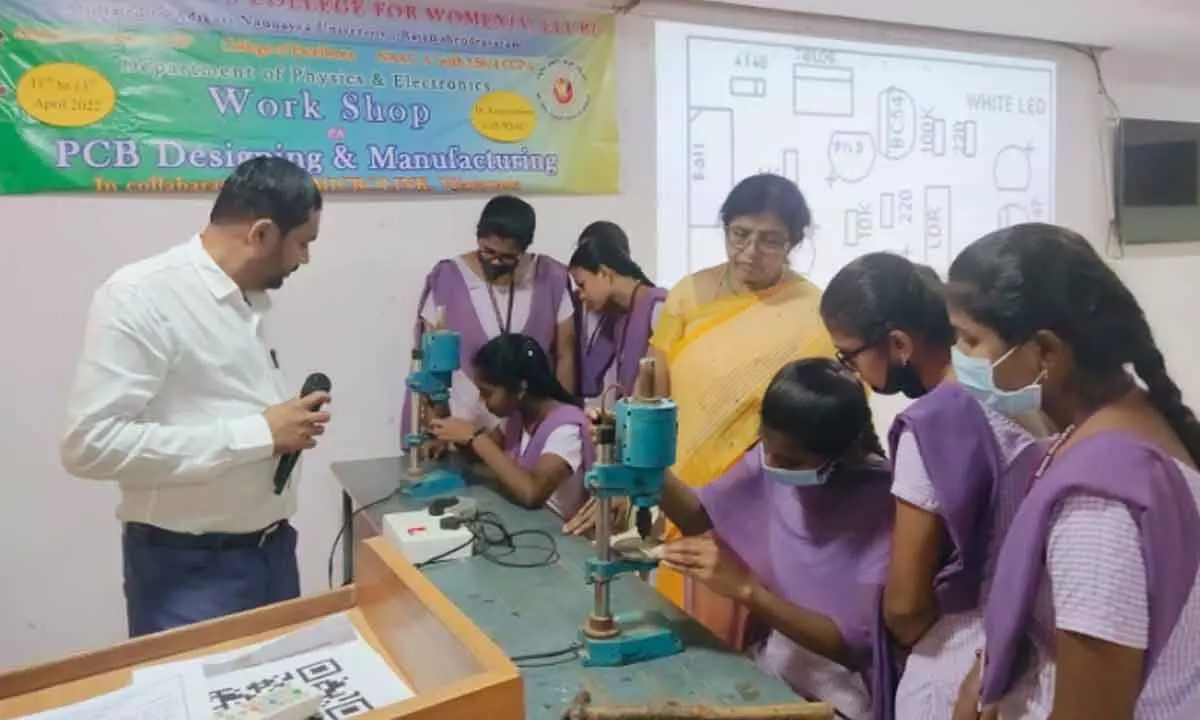 Students participating in a workshop at St Theresa’s College for Women (A) in Eluru on Wednesday
