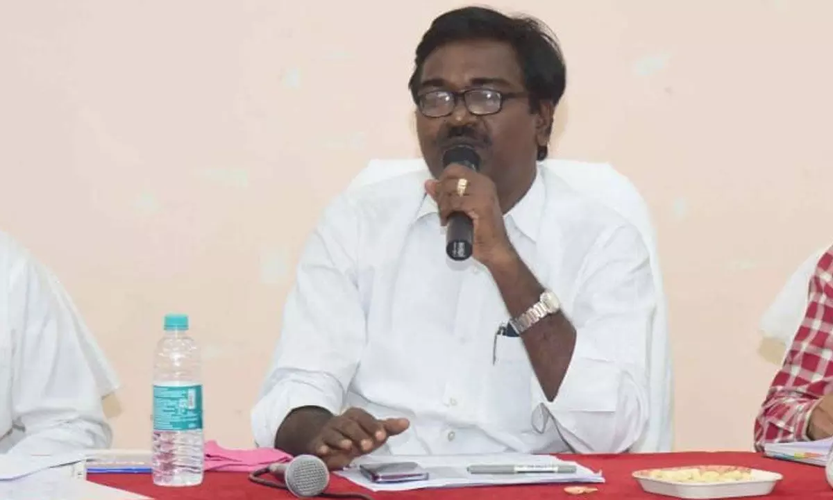 Minister for Transport Puvvada Ajay Kumar speaking at a review meeting on paddy procurement in Khammam on Wedneday