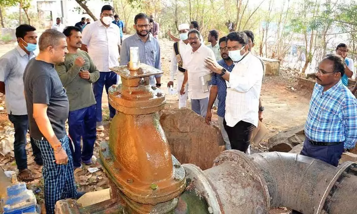 GVMC Commissioner G Lakshmisha inspecting water reservoirs at Bheemunipatnam in Visakhapatnam on Wednesday