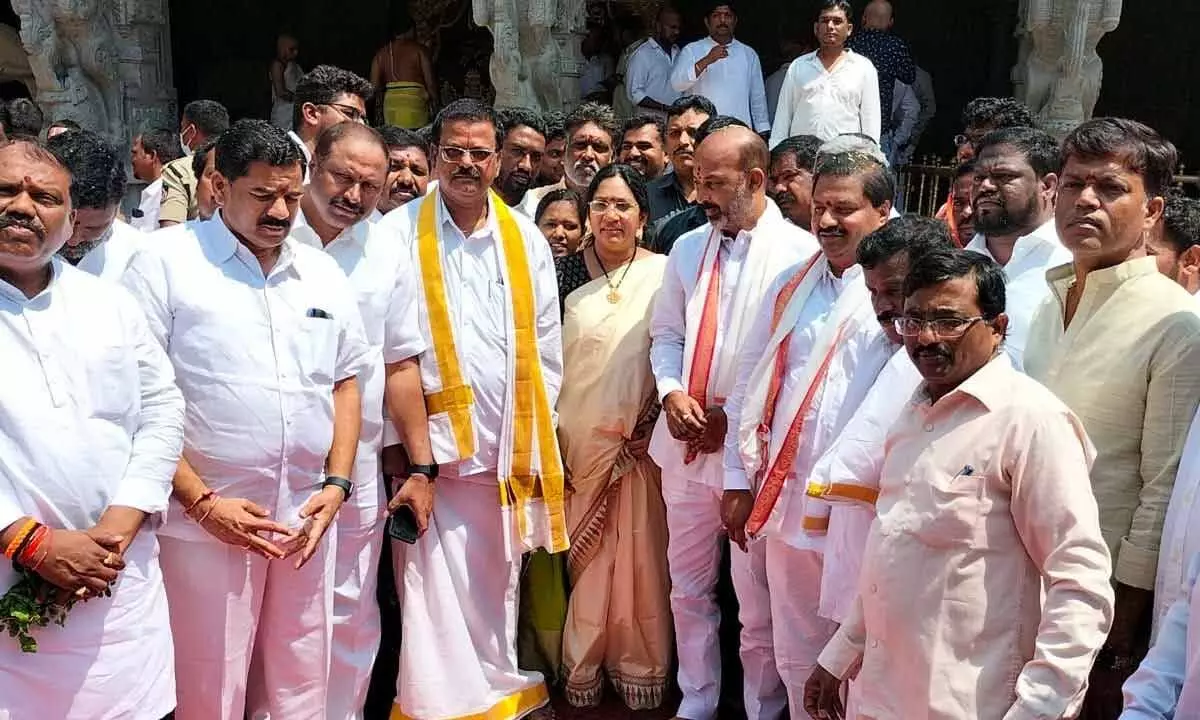 BJP State chief Bandi Sanjay along with other party leaders at Yadadri temple on Wednesday