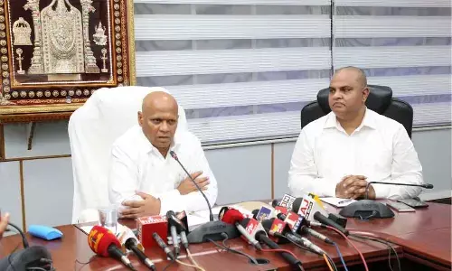 TTD Additional EO AV Dharma Reddy along with CVSO Narasimha Kishore addressing the media at Tirumala on Wednesday
