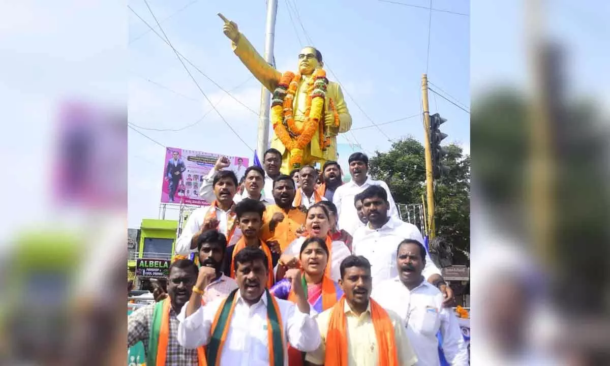 BJP district president Galla Satyanaryana and others leaders paying tributes to Dr Ambedkar on his birth anniversary, in Khammam on Thursday