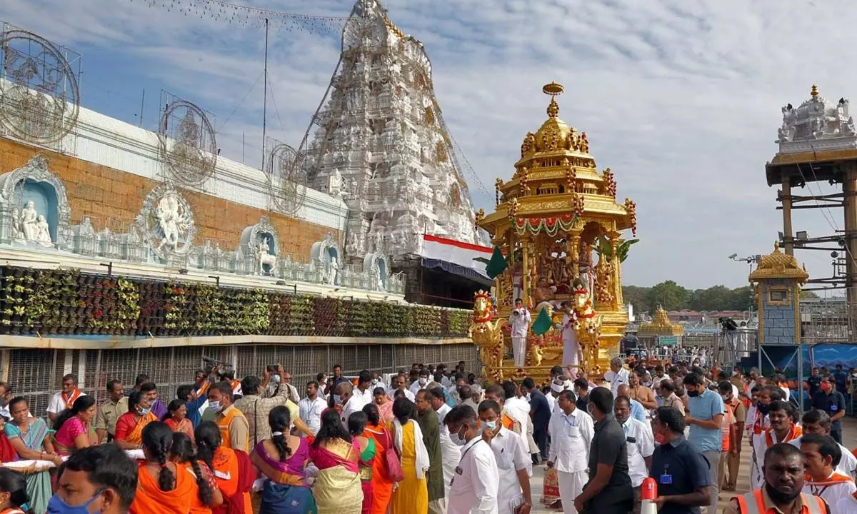 Lord Sri Malayappa Swamy and His consorts Sridevi and Bhudevi being taken on procession in Swarna Ratham as part of Vasantotsavam festivities in Tirumala on Friday