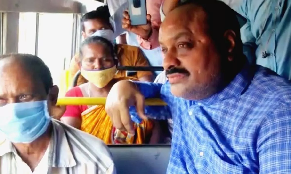 TDP state president Atchannaidu travelling in an RTC bus in Visakhapatnam on Friday