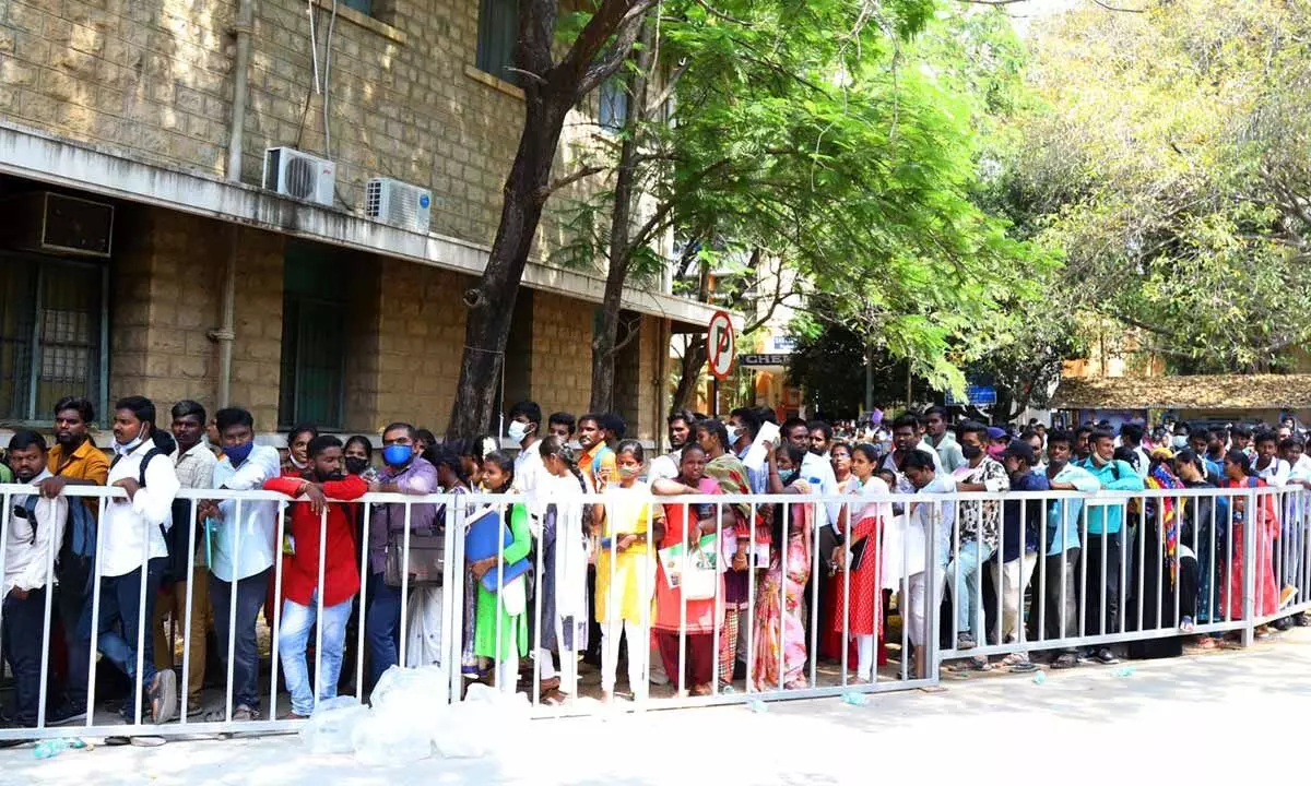 Job aspirants stand in queue to attend the job mela organised by YSRCP at SV University in Tirupati on Saturday