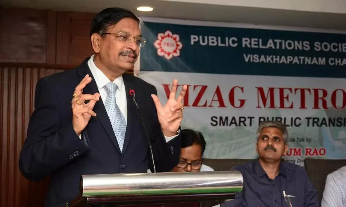 Managing Director of AP Metro Rail Corporation Limited UJM Rao speaking at a programme organised by PRSI in Visakhapatnam on Saturday