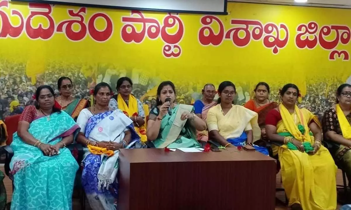 TDP mahila wing president V Anitha speaking at press conference in Visakhapatnam on Saturday