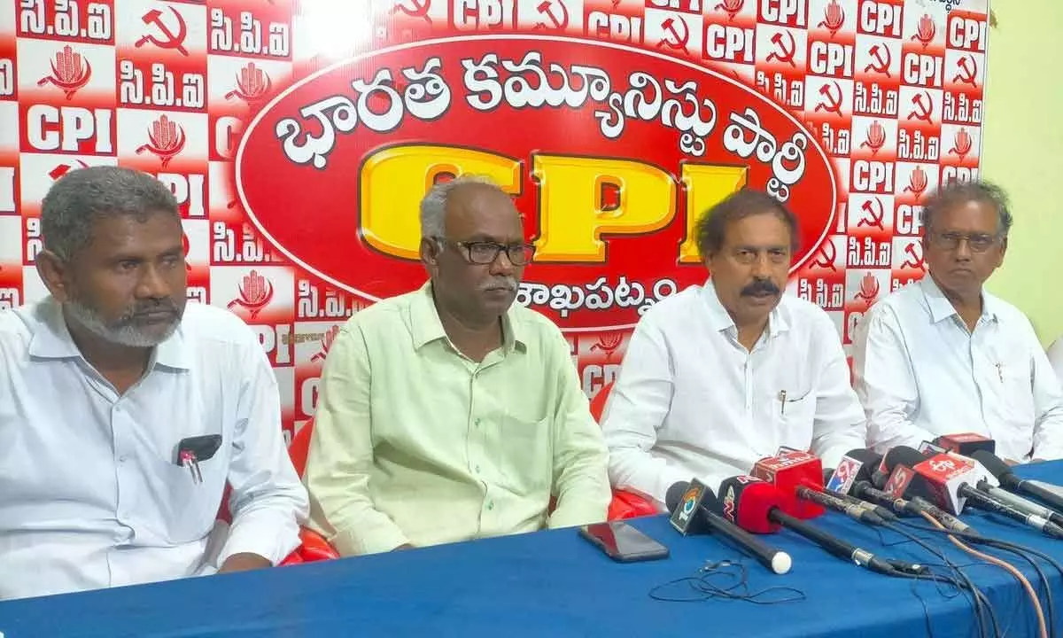 CPI state secretary K Ramakrishna speaking to the media in Visakhapatnam on Saturday