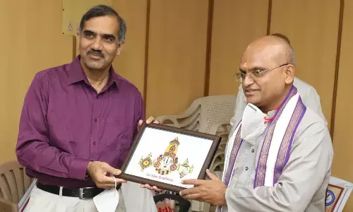 TTD EO Dr KS Jawahar Reddy presenting a memento to Abhay Bakre, Director General of the Bureau of Energy Efficiency (BEE), at Sri Padmavati Rest House in Tirupati on Friday