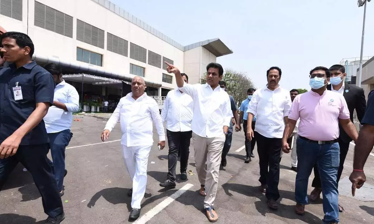 IT Minister KT Rama Rao inspecting TRS plenary arrangements at HICC, Hyderabad on Sunday