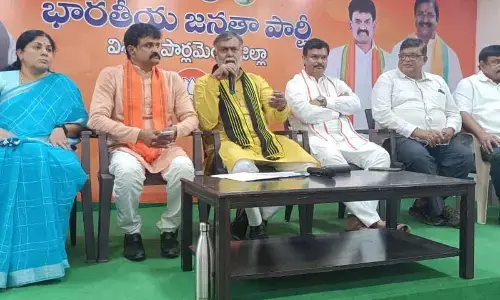 Union Minister of State for Food Processing Industries and Jal Shakti Prahlad Singh Patel speaking at the media conference in Visakhapatnam on Monday.