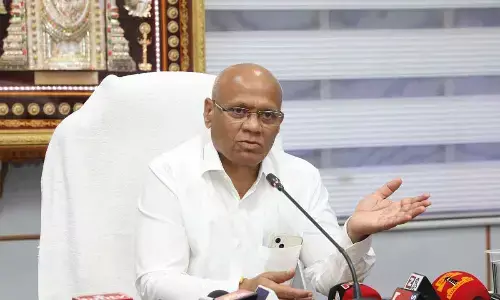 TTD Additional EO AV Dharma Reddy addressing media on the arrangements being made to cope with the summer rush in Tirumala Monday.