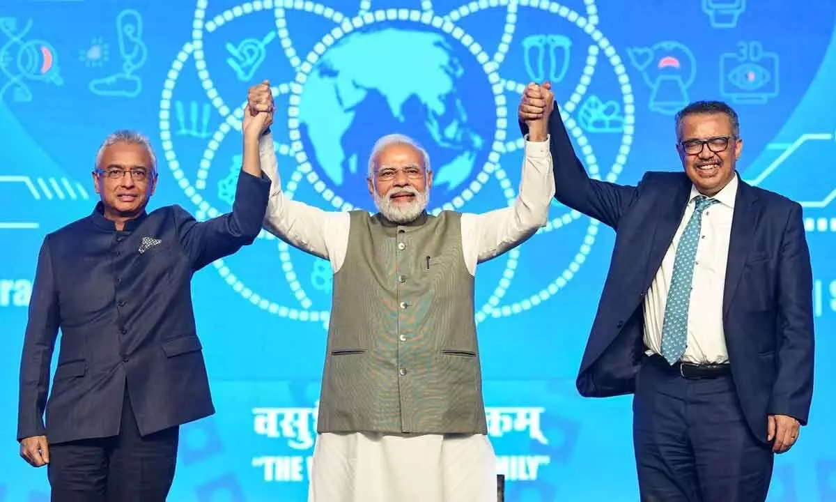PM Narendra Modi with WHO Director-General Tedros Ghebreyesus (R) and Mauritius PM Pravind Kumar Jugnauth at the foundation stone laying ceremony of WHO Global Centre for Traditional Medicine