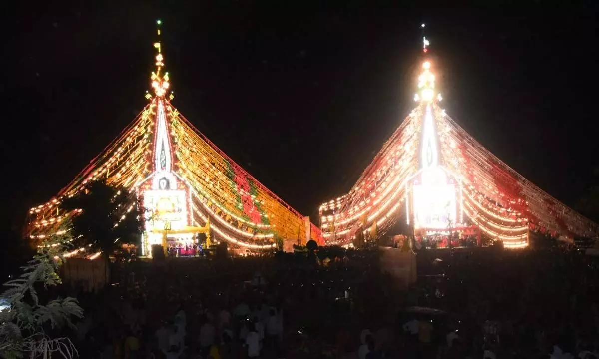 Illuminated prabhas at Guntiganga temple fair in Tallur mandal on Monday night