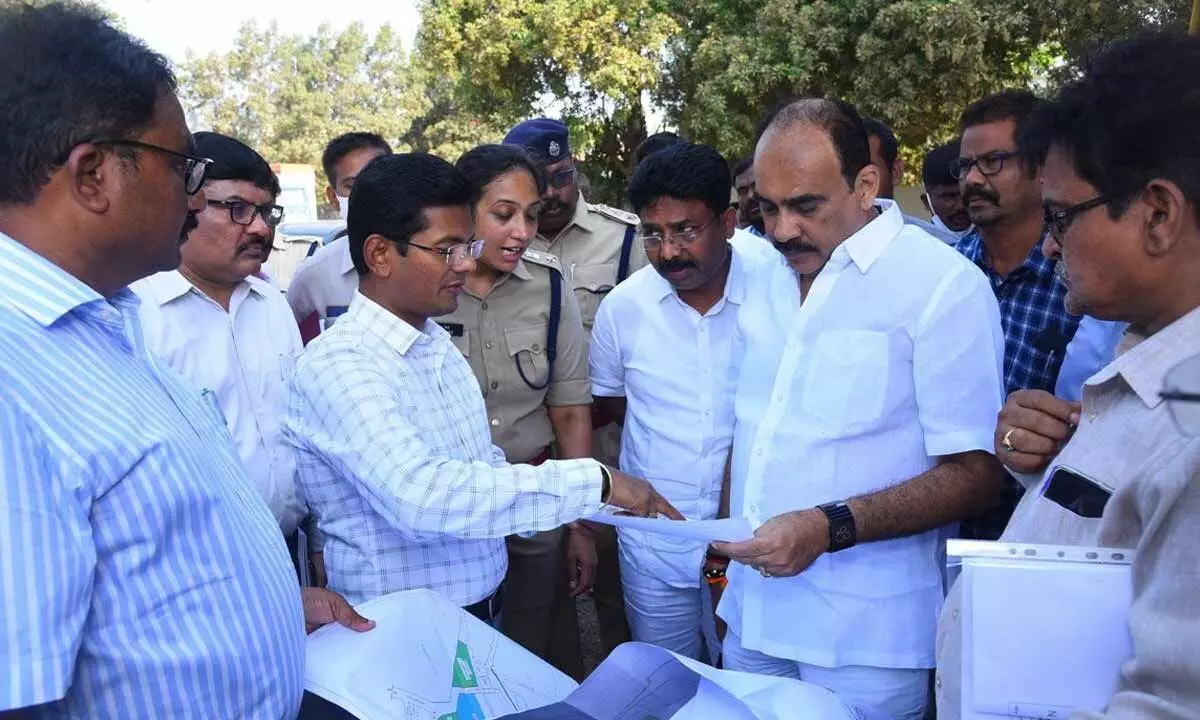District Collector Dinesh Kumar and SP Malika Garg explaining the arrangements for the CM’s visit to Minister A Suresh and MLA Balineni Srinivasa Reddy, in Ongole on Tuesday