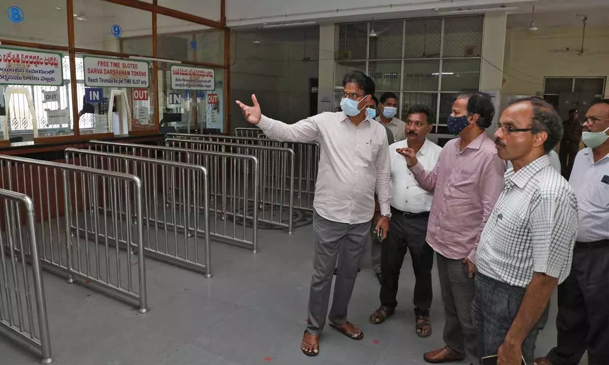 TTD chief engineer Nageswar Rao and other officials inspecting the SSD token counters in Tirupati on Tuesday to study the additional arrangements to be made for pilgrims