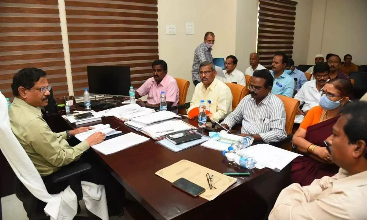 District revenue officer M Srinivasa Rao reviewing the arrangements for SSC and Intermediate examinations with officials at the Collectorate in Tirupati on Tuesday