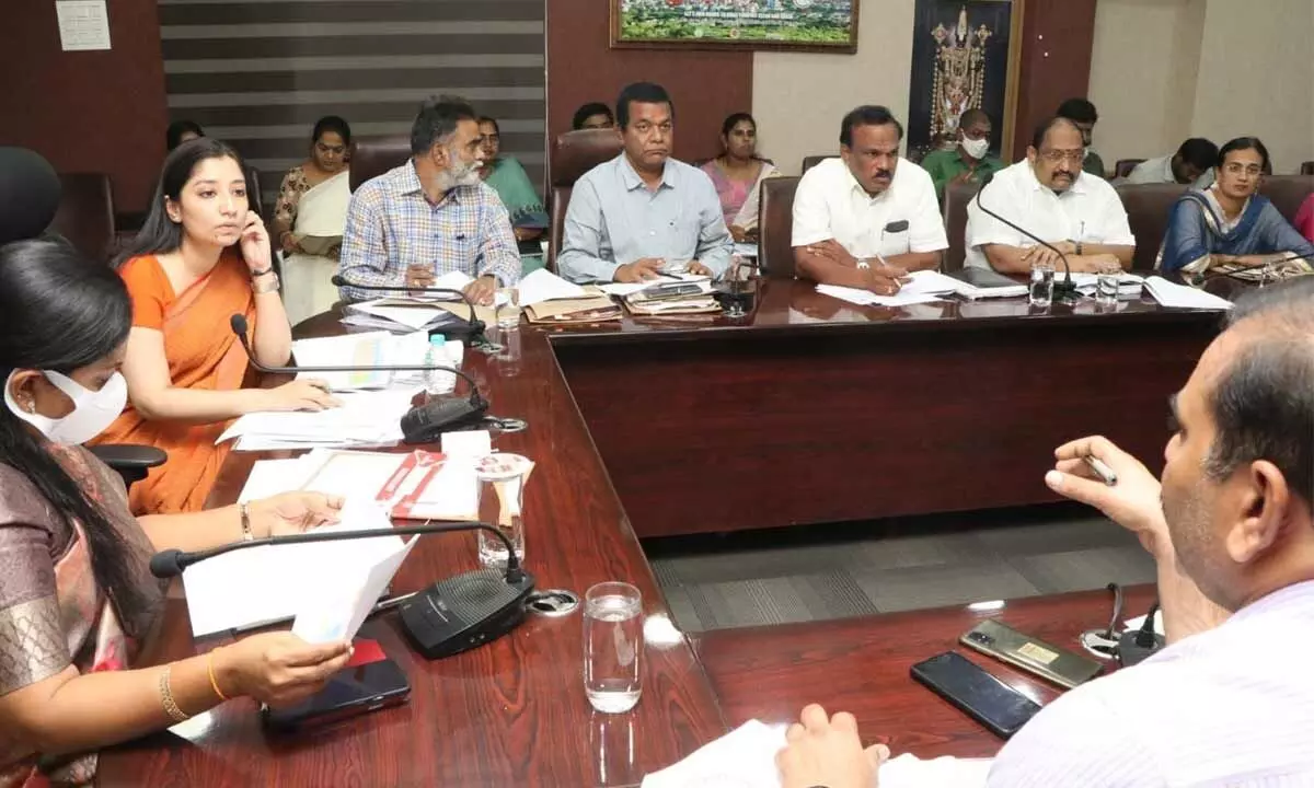 Municipal Commissioner Anupama Anjali at a review meeting with officials at her chamber at the municipal corporation office in Tirupati on Tuesday