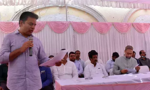 Minister KT Rama Rao along with Home Minister Mahmood Ali  MP Asaduddin Owaisi inaugurated the Bahadurpura Flyover Bridge in the old city  on Tuesday.				Pictures:-Srinivas Setty