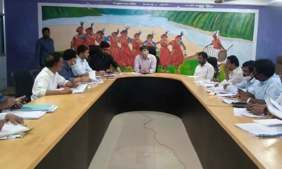Alluri Sitaramarajau District Collector Sumit Kumar holding a review meeting with the officials at ITDA office in Rampachodavaram on Wednesday