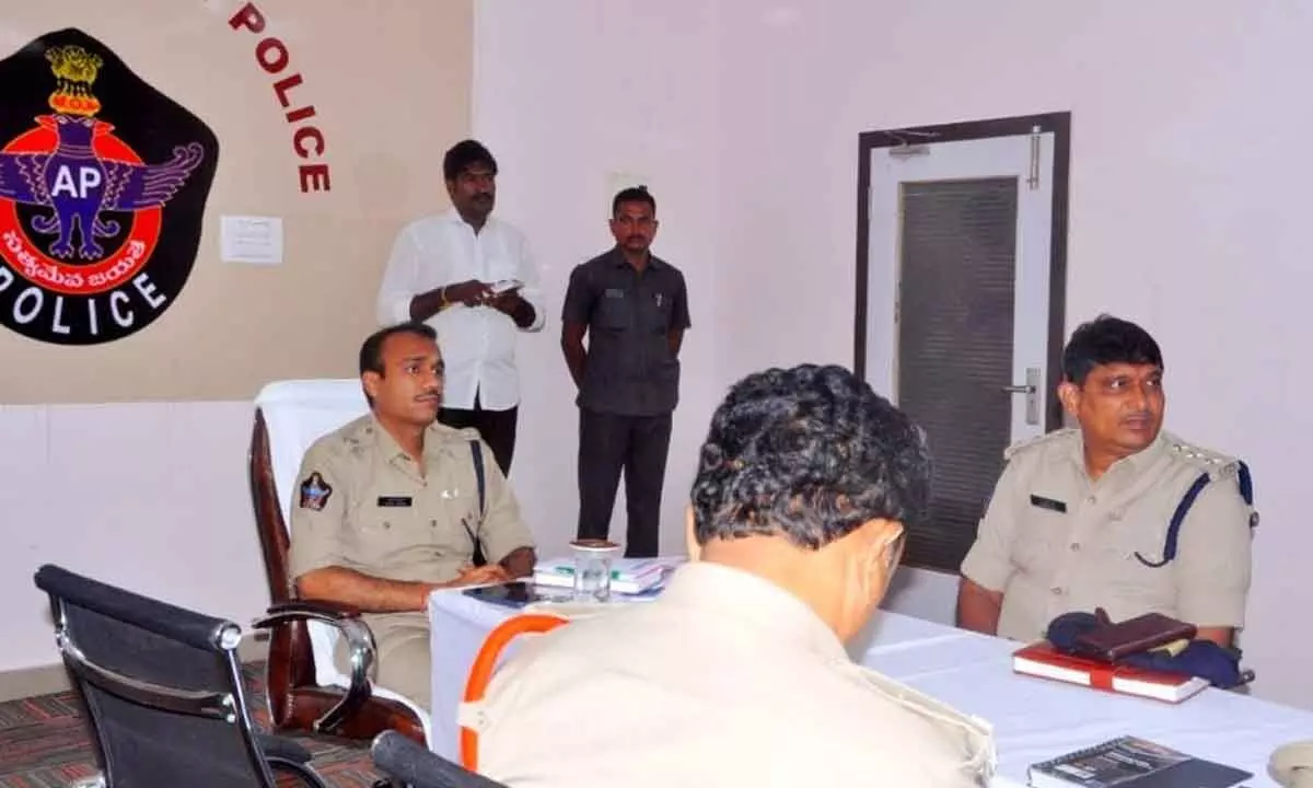 SP Vakul Jindal addressing a review meeting at SP office in Bapatla on Wednesday