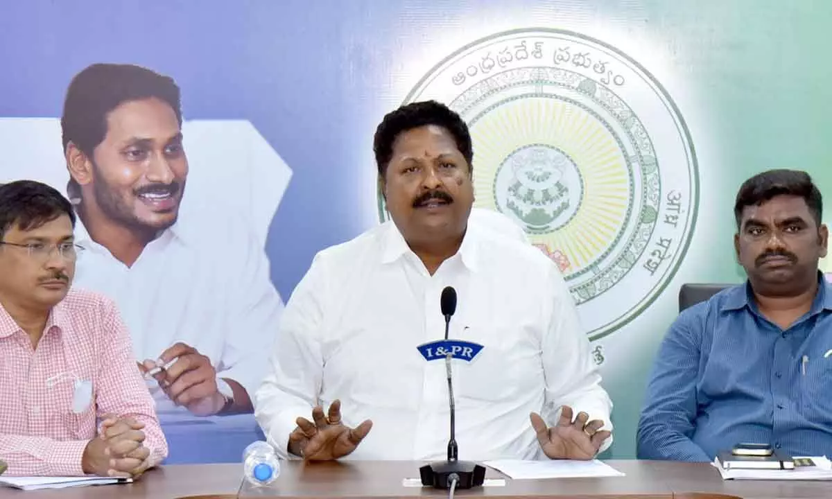 Civil supply minister Karamuri V Nageswara Rao and officials addressing a press conference at the Secretariat on Wednesday