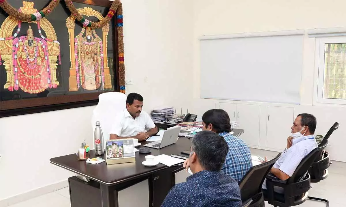 TTD Joint Executive Officer Veerabrahmam holds a meeting with IT officials on promoting TTD products through e-commerce platform, in Tirupati on Wednesday