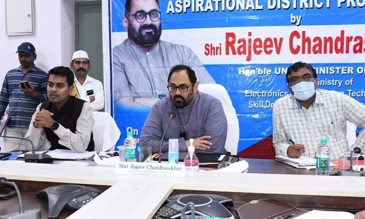 Union Minister Rajeev Chandrasekhar conducting review meeting with district officials in Kothagudem on Wednesday