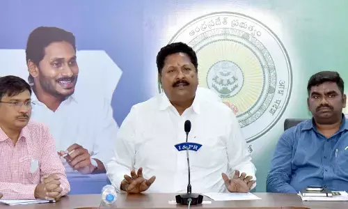 Civil supply minister Karamuri V Nageswara Rao and officials addressing a press conference at the Secretariat on Wednesday