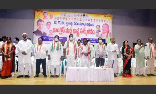 APCC president Dr Sake Sailajanath and other leaders of the party at the SC, ST, BC, Minorities state conference at Tummalapalli Kalakshetram in Vijayawada on Wednesday.