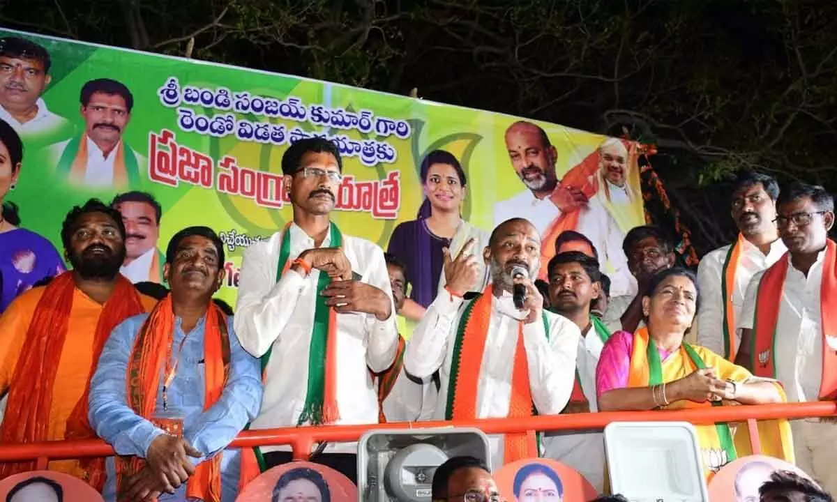 State BJP president Bandi Sanjay Kumar addressing a public meeting in Gadwal late in the evening on Thursday