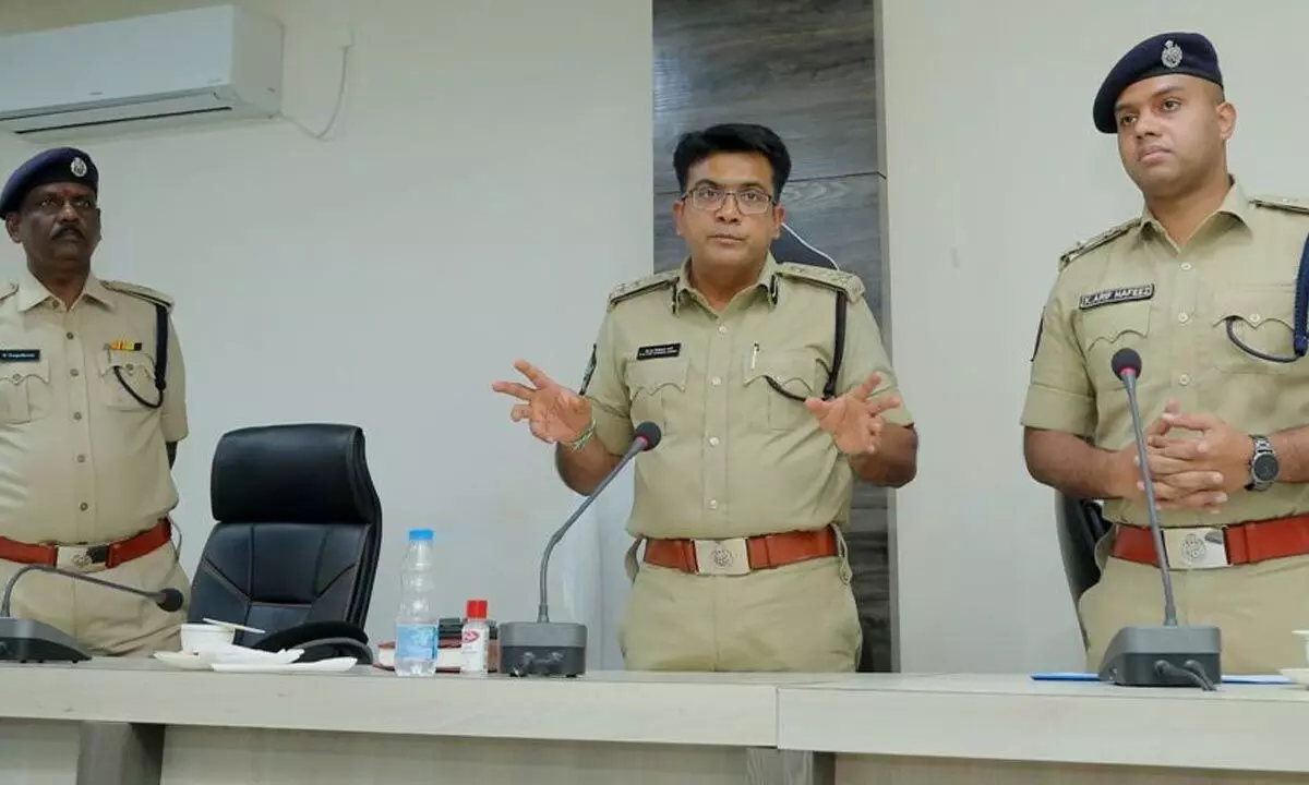 Guntur Range DIG CM A Varma addressing a crime review meeting in Guntur on Thursday