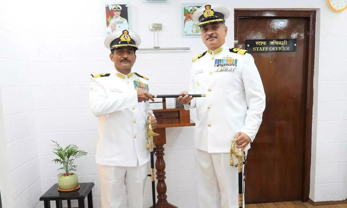 Commodore AS Dadwal (left) taking over as the Commanding Officer of INS Circars from Commodore Rahul Vilas Gokhale on Thursday
